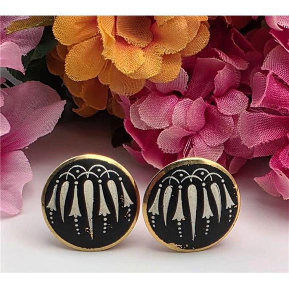 Volupte Black White Enamel Button Stud Clip On Earrings 25mm Vintage Signed